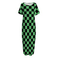Green And Black Checkered Pattern Print Short Sleeve Long Nightdress