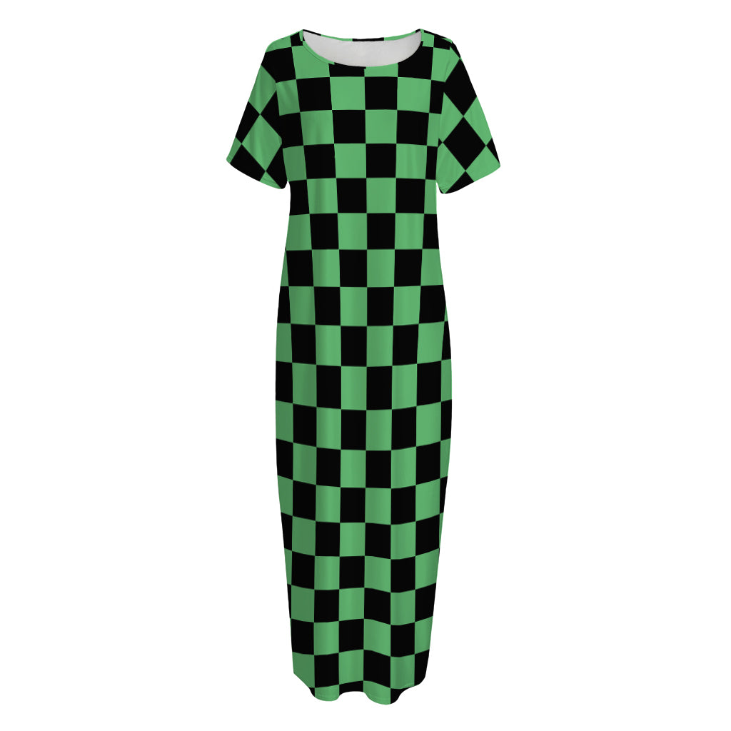 Green And Black Checkered Pattern Print Short Sleeve Long Nightdress
