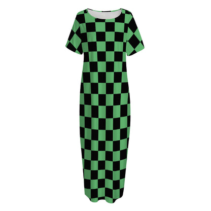 Green And Black Checkered Pattern Print Short Sleeve Long Nightdress