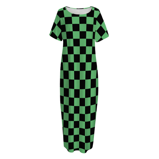 Green And Black Checkered Pattern Print Short Sleeve Long Nightdress