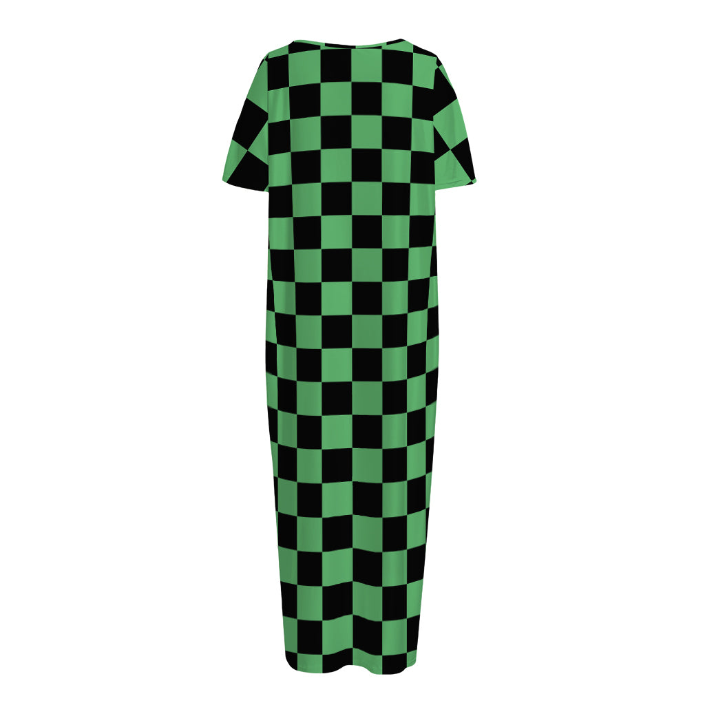 Green And Black Checkered Pattern Print Short Sleeve Long Nightdress