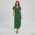 Green And Black Checkered Pattern Print Short Sleeve Maxi Dress
