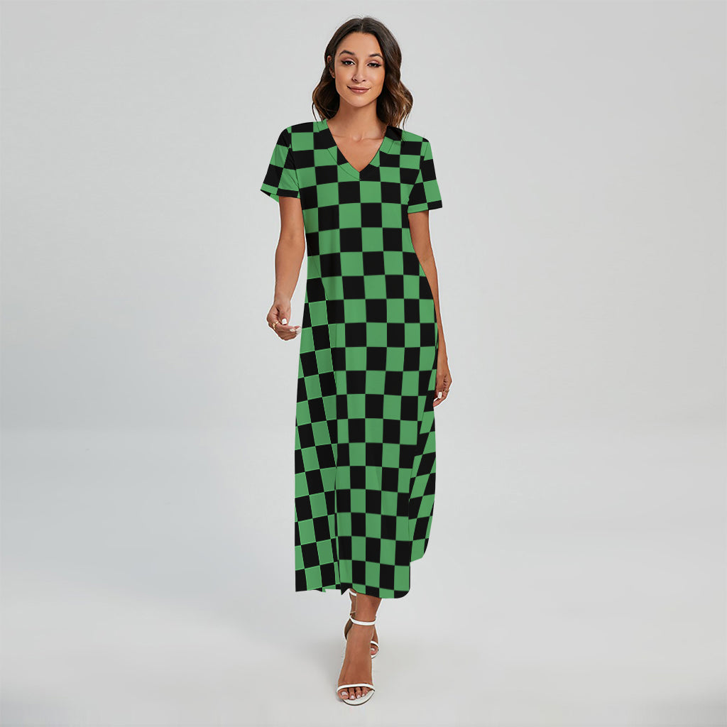 Green And Black Checkered Pattern Print Short Sleeve Maxi Dress