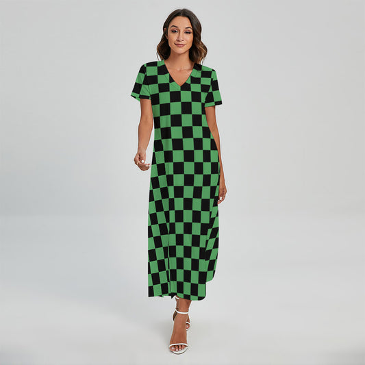 Green And Black Checkered Pattern Print Short Sleeve Maxi Dress