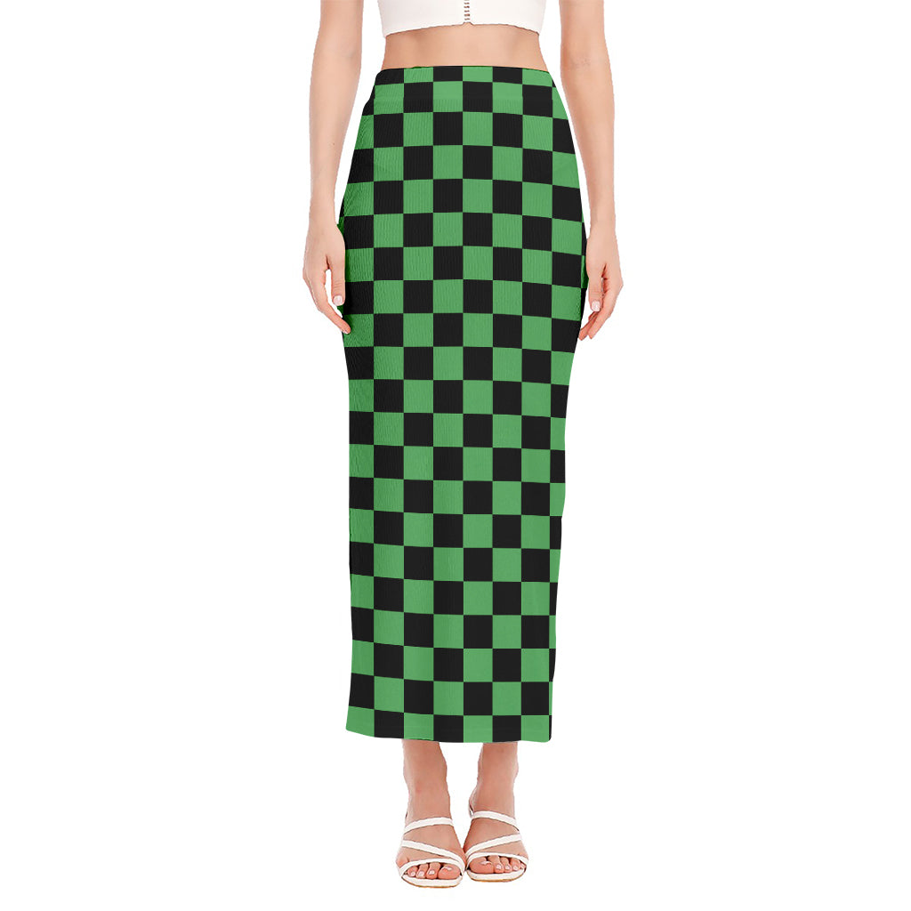 Green And Black Checkered Pattern Print Side Slit Maxi Skirt