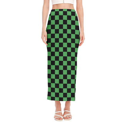Green And Black Checkered Pattern Print Side Slit Maxi Skirt