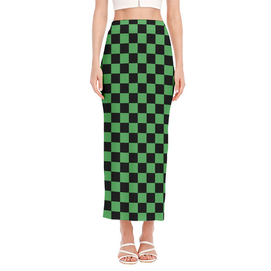 Green And Black Checkered Pattern Print Side Slit Maxi Skirt