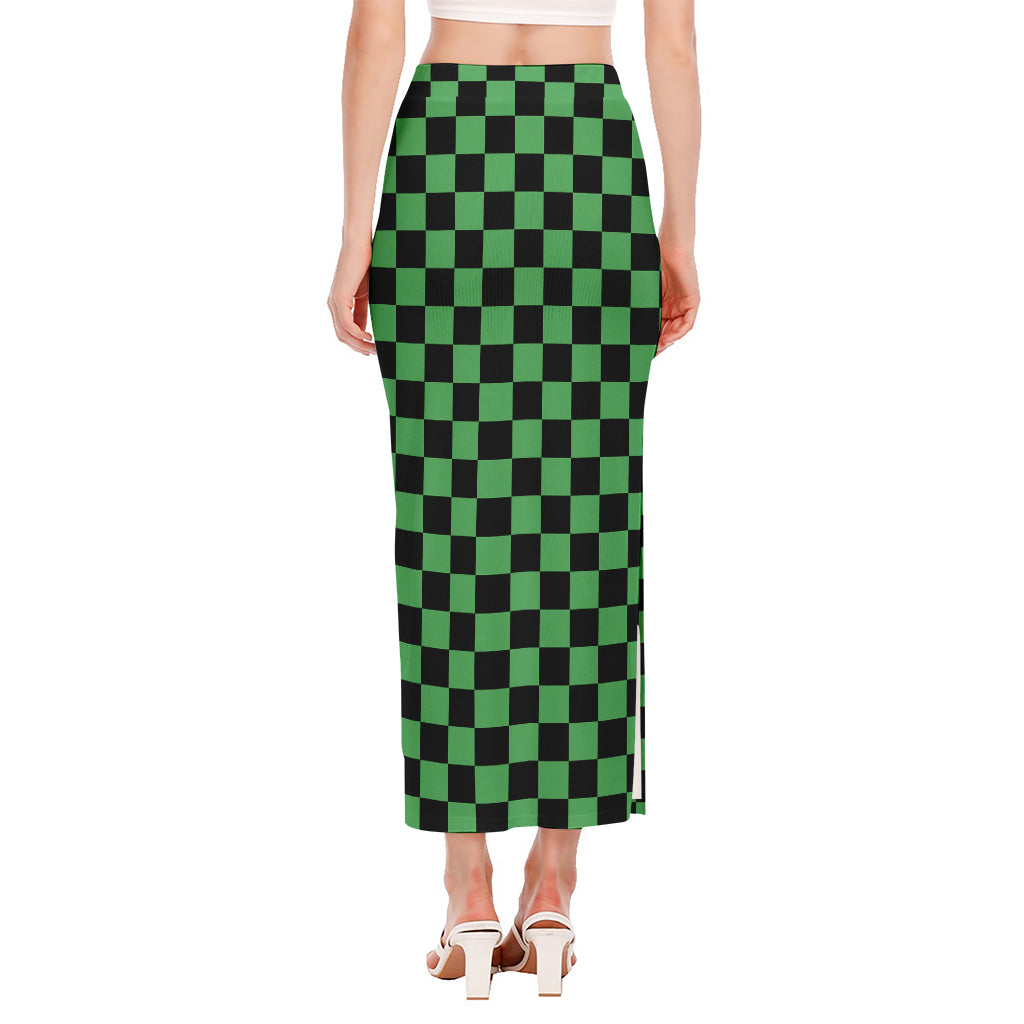 Green And Black Checkered Pattern Print Side Slit Maxi Skirt