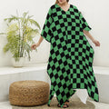 Green And Black Checkered Pattern Print Silk V-Neck Kaftan Dress