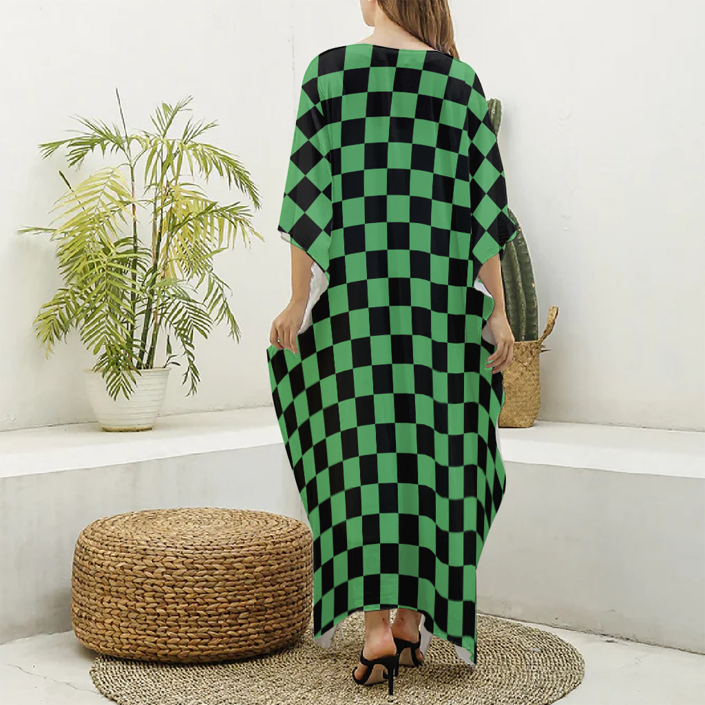 Green And Black Checkered Pattern Print Silk V-Neck Kaftan Dress