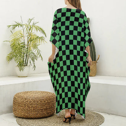 Green And Black Checkered Pattern Print Silk V-Neck Kaftan Dress