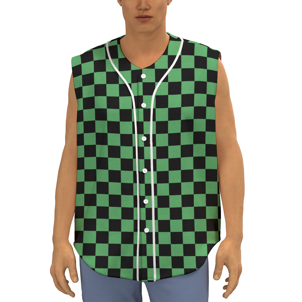 Green And Black Checkered Pattern Print Sleeveless Baseball Jersey