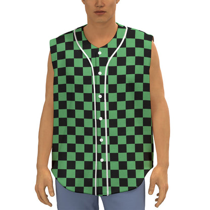 Green And Black Checkered Pattern Print Sleeveless Baseball Jersey