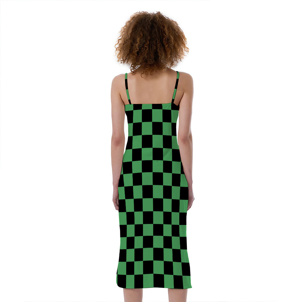 Green And Black Checkered Pattern Print Slim Fit Midi Cami Dress