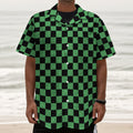 Green And Black Checkered Pattern Print Textured Short Sleeve Shirt