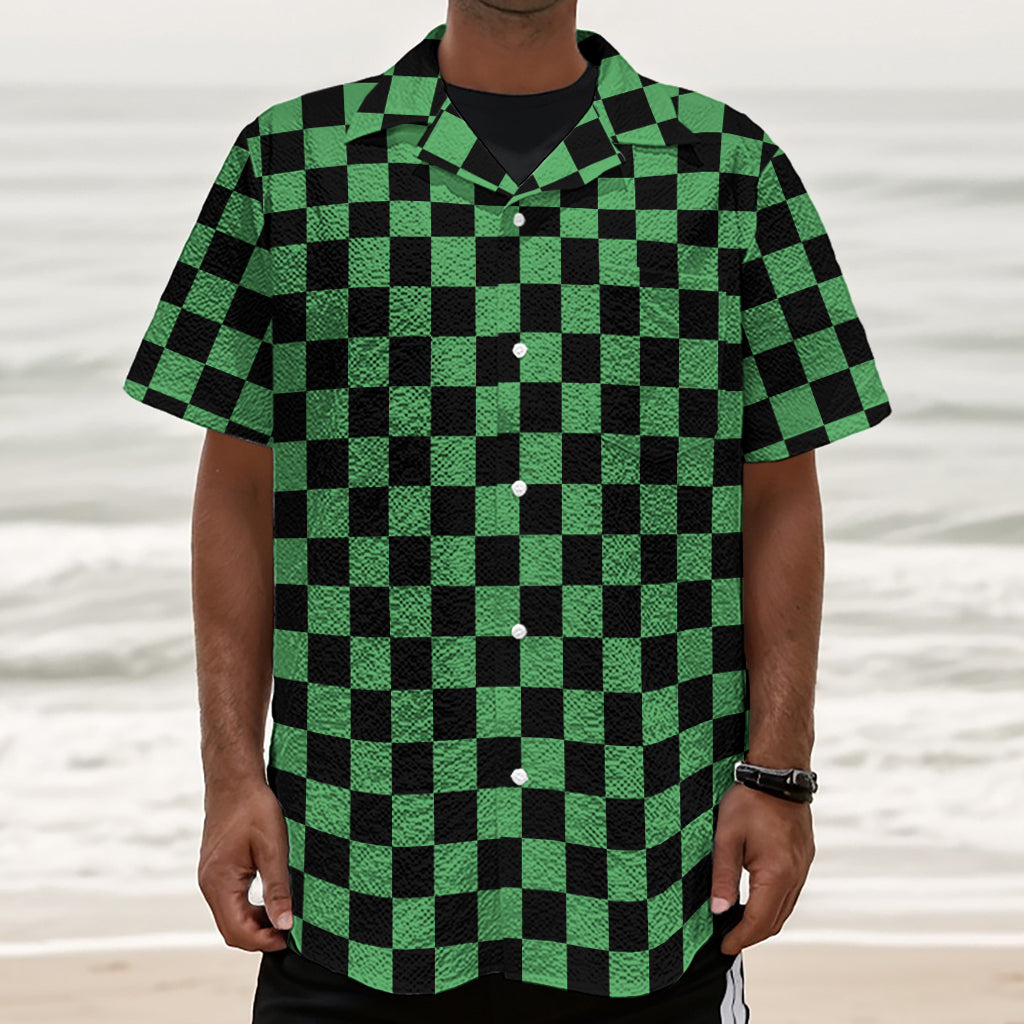 Green And Black Checkered Pattern Print Textured Short Sleeve Shirt