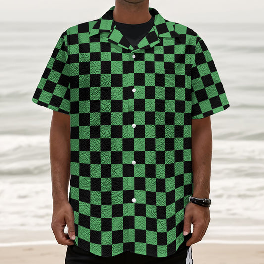 Green And Black Checkered Pattern Print Textured Short Sleeve Shirt