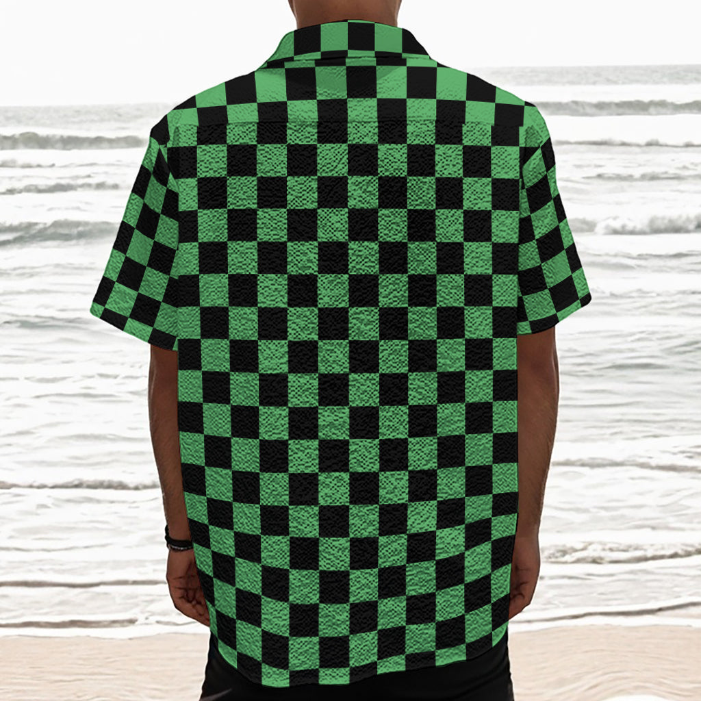 Green And Black Checkered Pattern Print Textured Short Sleeve Shirt