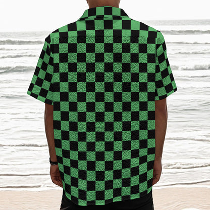 Green And Black Checkered Pattern Print Textured Short Sleeve Shirt