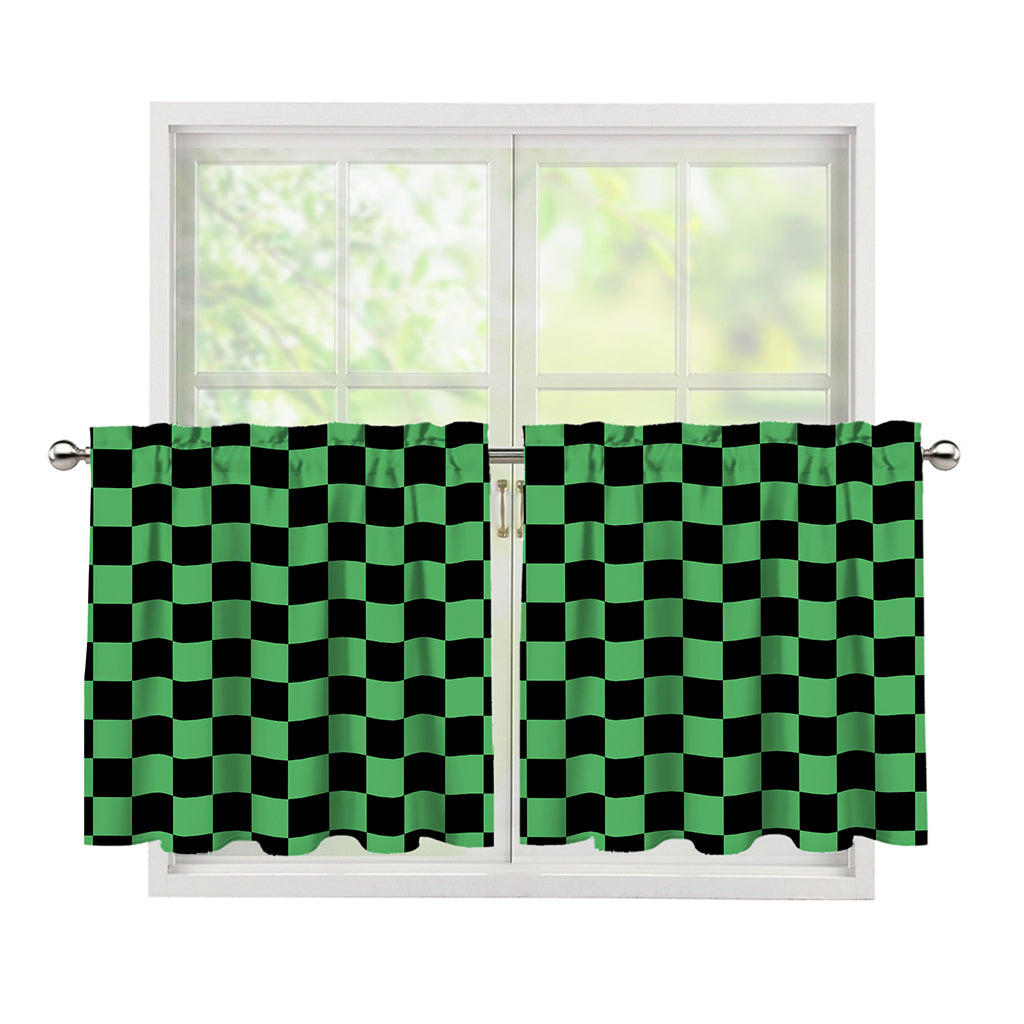 Green And Black Checkered Pattern Print Tier Curtains