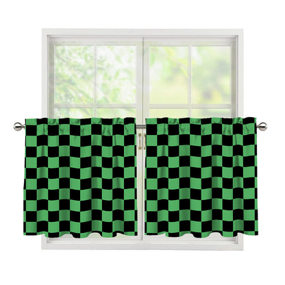 Green And Black Checkered Pattern Print Tier Curtains