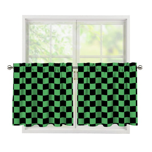 Green And Black Checkered Pattern Print Tier Curtains