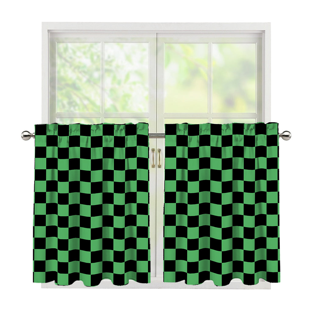 Green And Black Checkered Pattern Print Tier Curtains