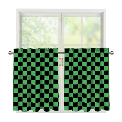Green And Black Checkered Pattern Print Tier Curtains