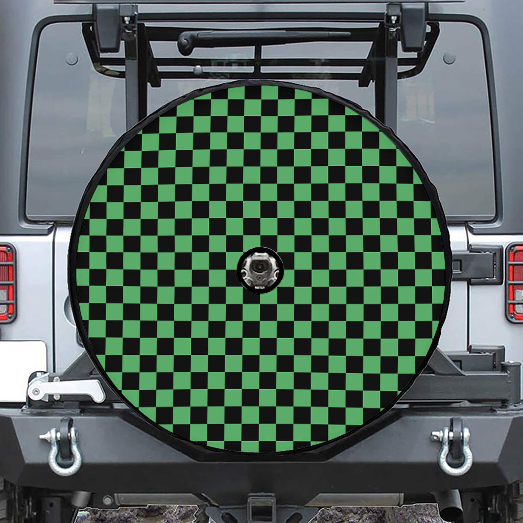 Green And Black Checkered Pattern Print Tire Cover With Camera Hole
