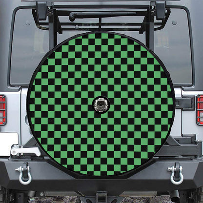 Green And Black Checkered Pattern Print Tire Cover With Camera Hole