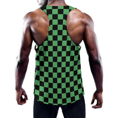 Green And Black Checkered Pattern Print Training Tank Top