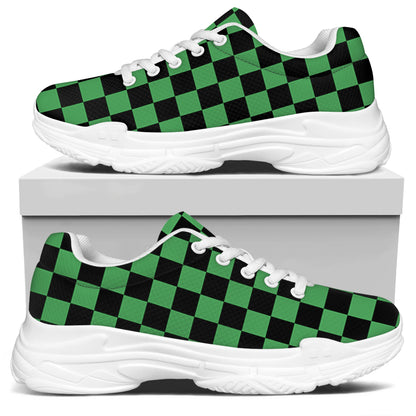 Green And Black Checkered Pattern Print White Chunky Shoes