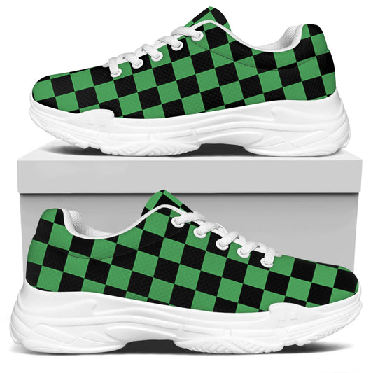 Green And Black Checkered Pattern Print White Chunky Shoes