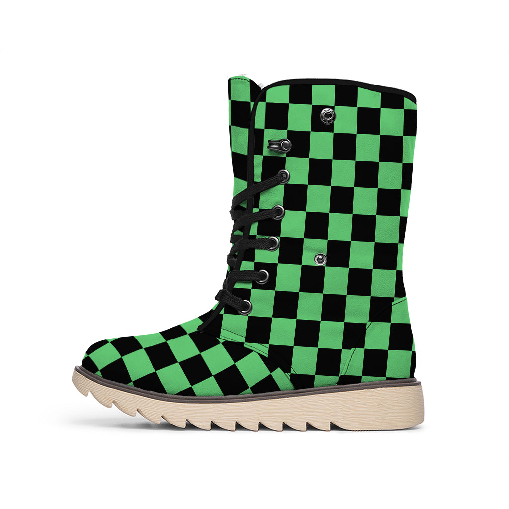 Green And Black Checkered Pattern Print Winter Boots