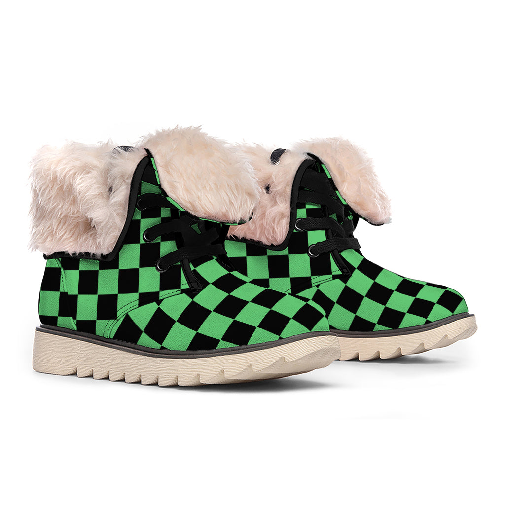 Green And Black Checkered Pattern Print Winter Boots