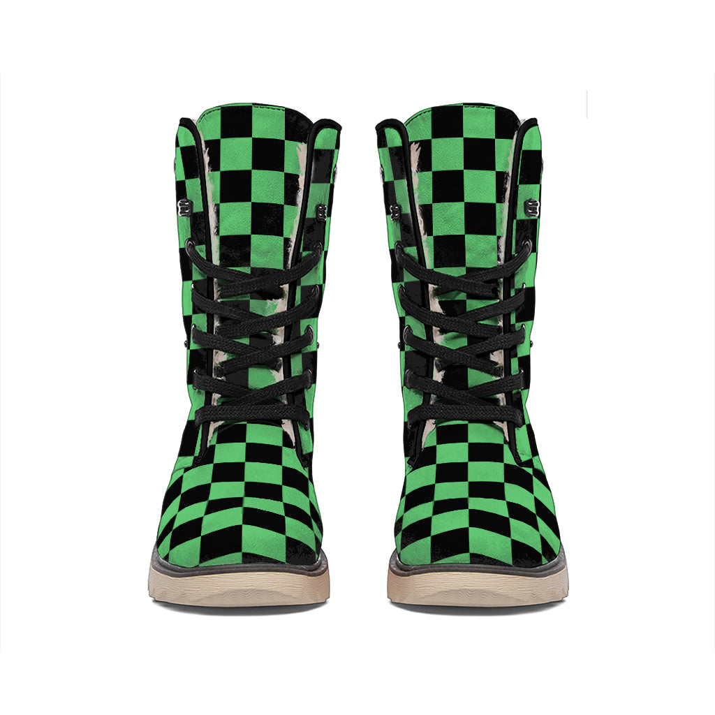 Green And Black Checkered Pattern Print Winter Boots
