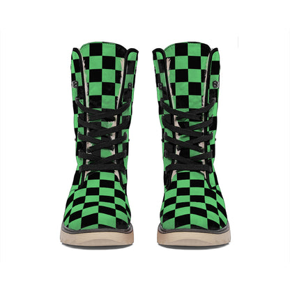 Green And Black Checkered Pattern Print Winter Boots