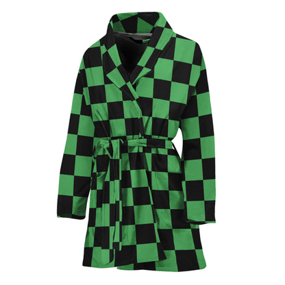Green And Black Checkered Pattern Print Women's Bathrobe