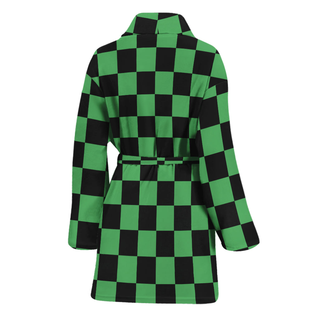 Green And Black Checkered Pattern Print Women's Bathrobe