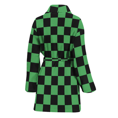 Green And Black Checkered Pattern Print Women's Bathrobe