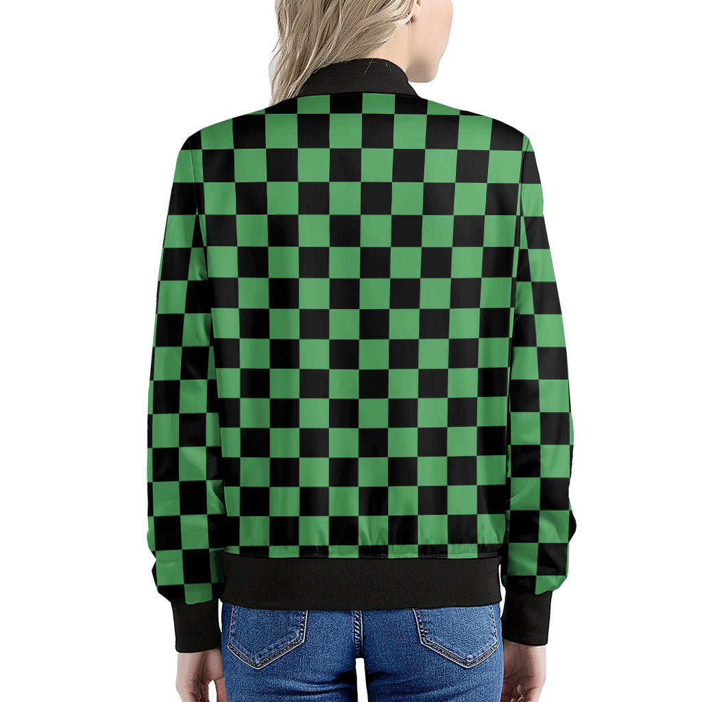 Green And Black Checkered Pattern Print Women's Bomber Jacket