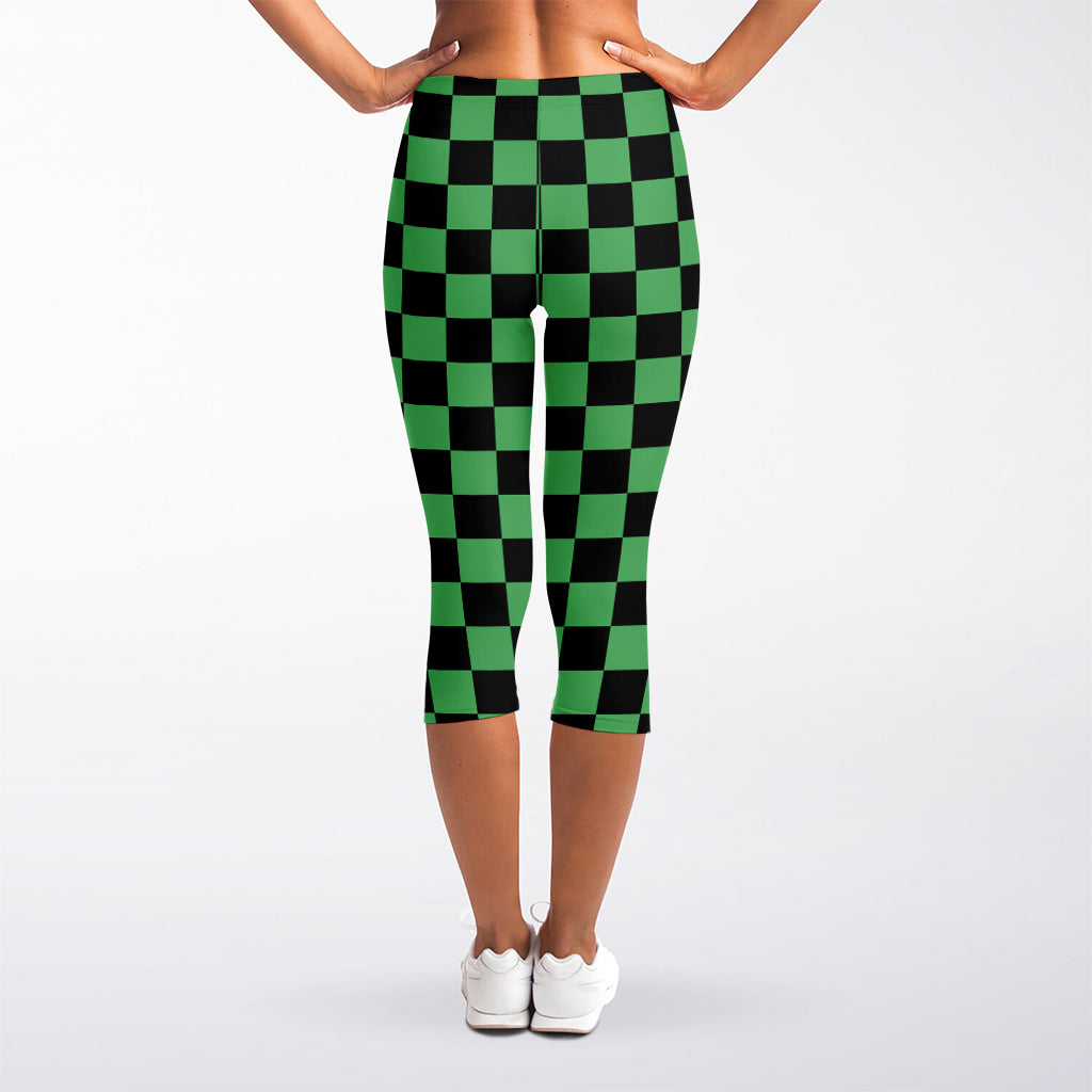 Green And Black Checkered Pattern Print Women's Capri Leggings