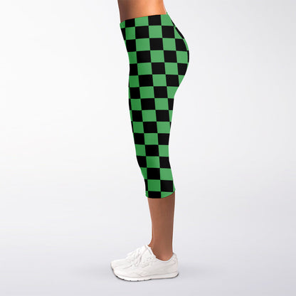 Green And Black Checkered Pattern Print Women's Capri Leggings