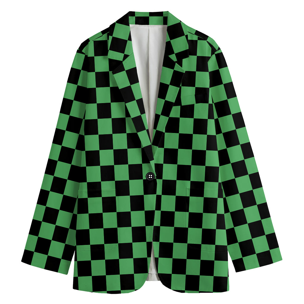Green And Black Checkered Pattern Print Women's Cotton Blazer