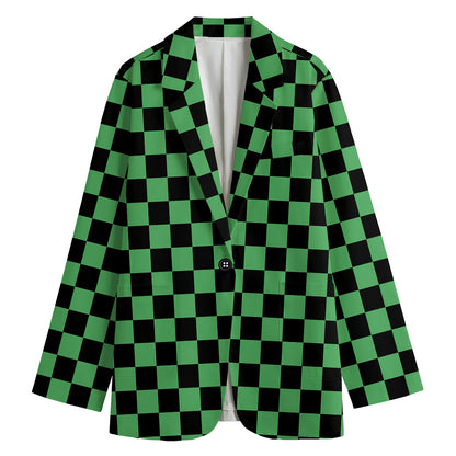 Green And Black Checkered Pattern Print Women's Cotton Blazer