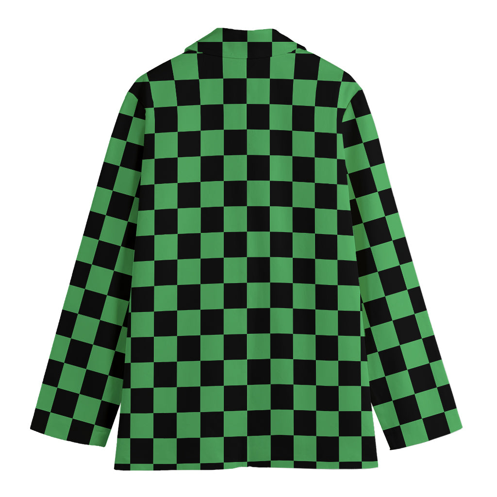 Green And Black Checkered Pattern Print Women's Cotton Blazer