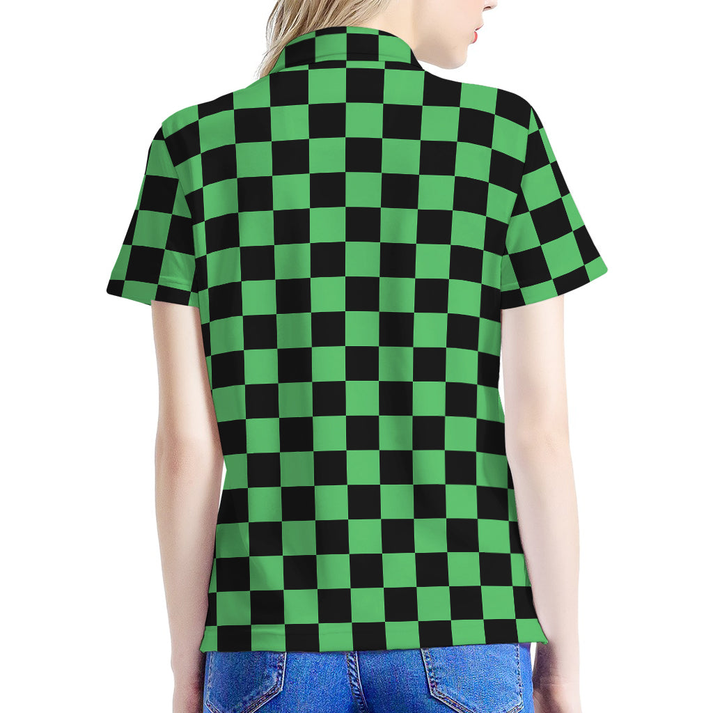 Green And Black Checkered Pattern Print Women's Polo Shirt