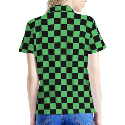 Green And Black Checkered Pattern Print Women's Polo Shirt
