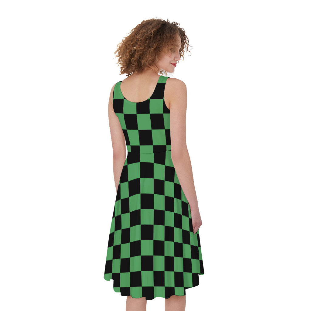 Green And Black Checkered Pattern Print Women's Sleeveless Dress