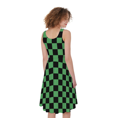 Green And Black Checkered Pattern Print Women's Sleeveless Dress